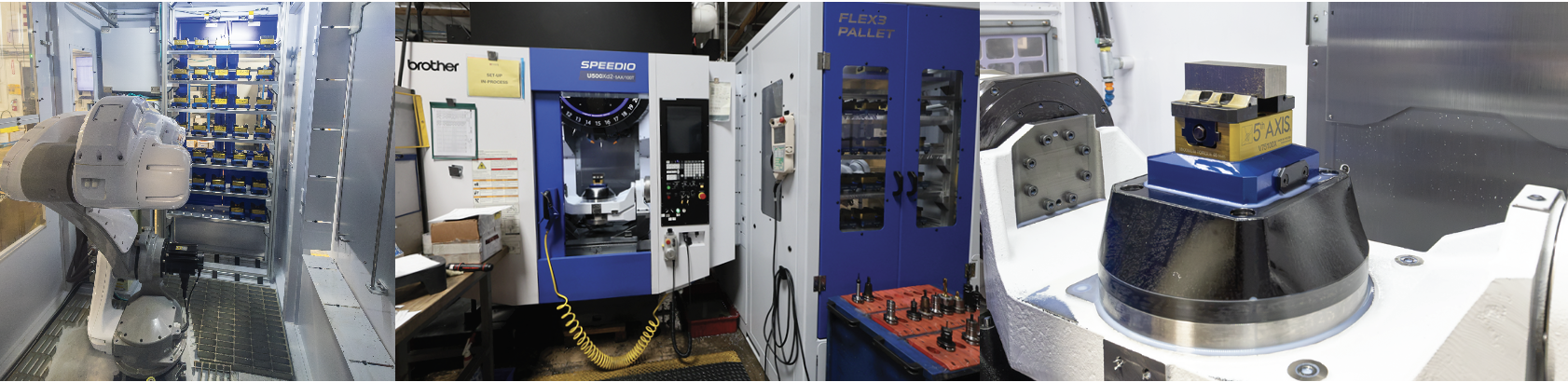 The Brother Speedio U500 is part of the 5DEV cell. It utilizes 5th Axis automation and a pallet pool. Each of the pallets has the 5th Axis RockLock system and is utilizing the A96-V75100X self-centering vise with Automation-Ready Base. The X-Series vise offers a 30% increase in clamping force, 4-bolt jaw mounting to reduce jaw lift, and sharper teeth for a better bite.